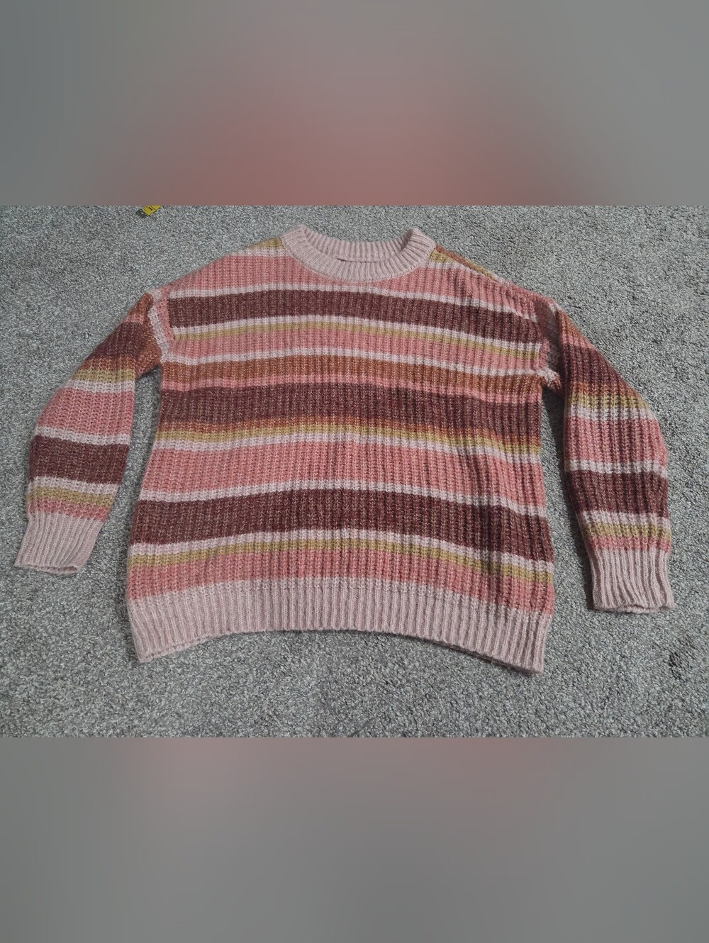 SO Ribbed Striped Crewneck Sweater in Pink, Brown & Yellow Size Small